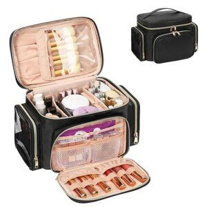 Large Travel Makeup Bag Black Cosmetic Organizer with Brush and Side Pockets